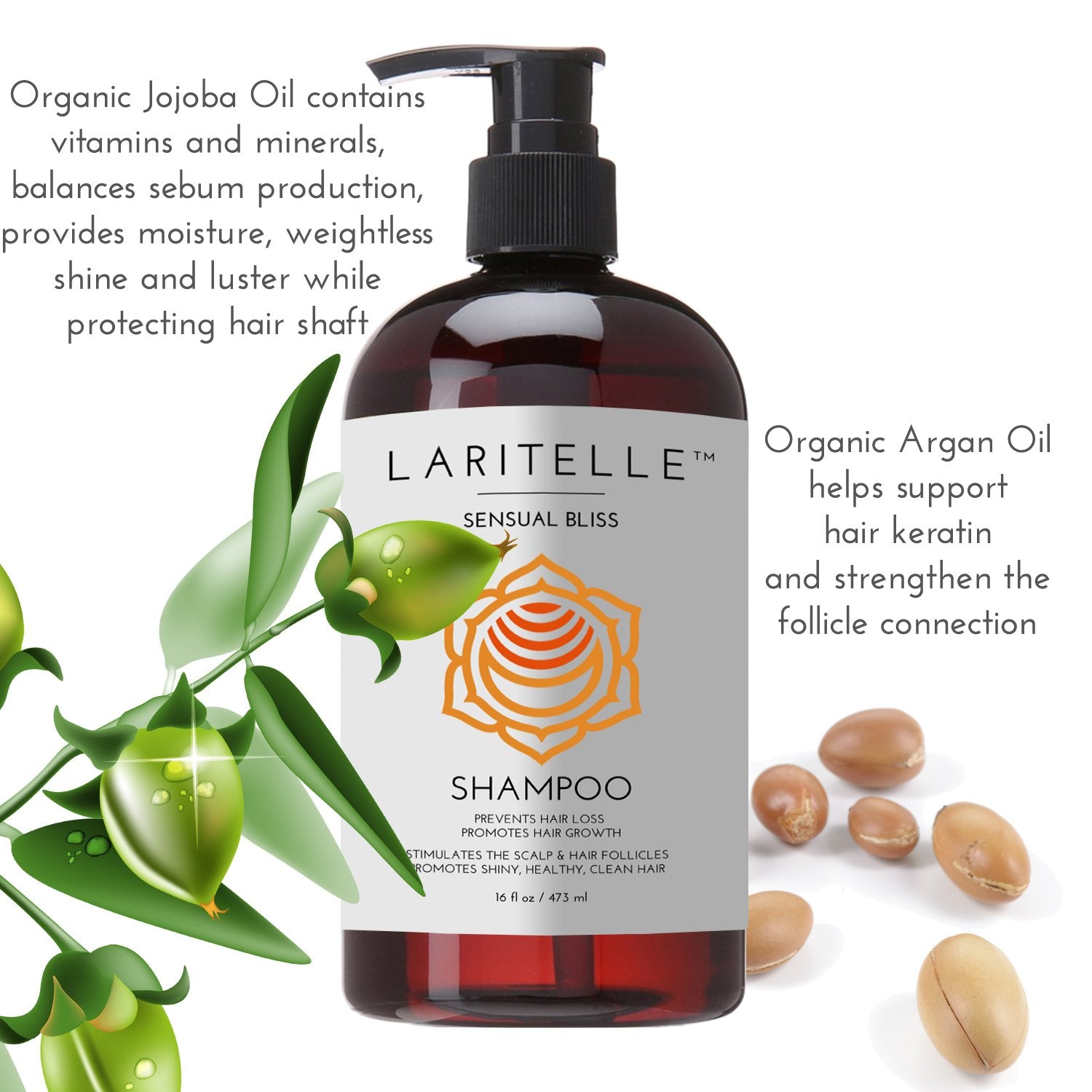 Laritelle Organic Shampoo 17.5 oz. Argan Oil, Rosemary, Palmarosa. Promotes Hair Growth, Prevents Hair Loss. GF